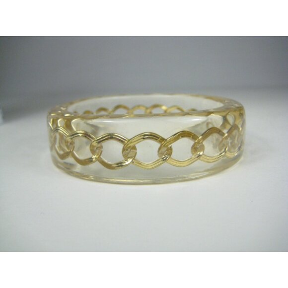 Vintage  Clear Lucite Bangle Bracelet Goldtone Curb Chain Inset Wide Statement - Picture 8 of 10